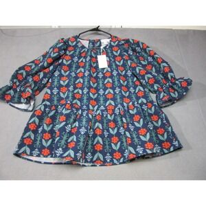 Mud Pie Blouse Top Womens Medium Lola Blue Floral Stretch Pleated Flared Sleeve